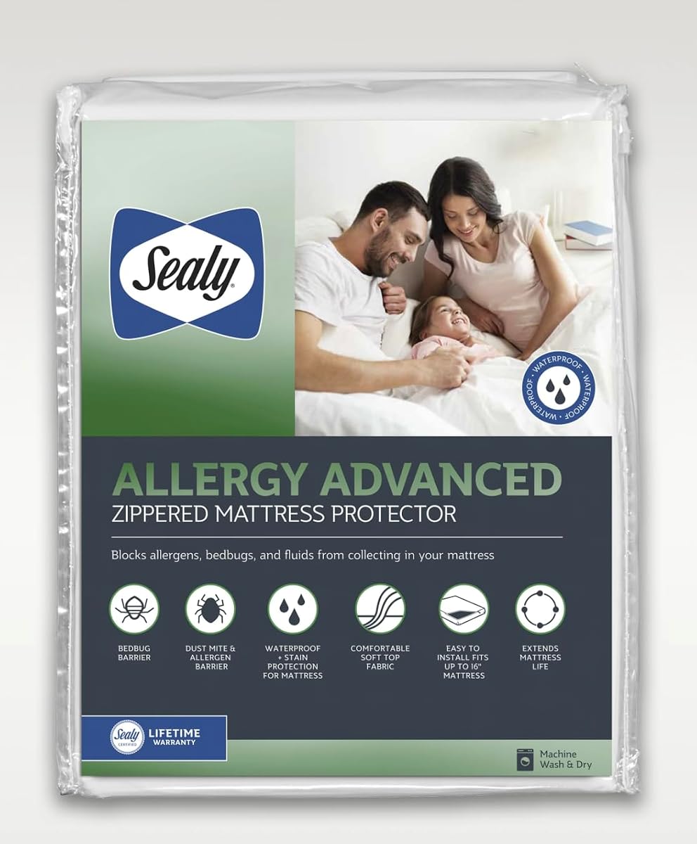 Allergy Advanced Mattress Protector, Machine Washable, 88% Polyester/12% Nylon TPU Laminated Top, Zippered, Waterproof-Queen