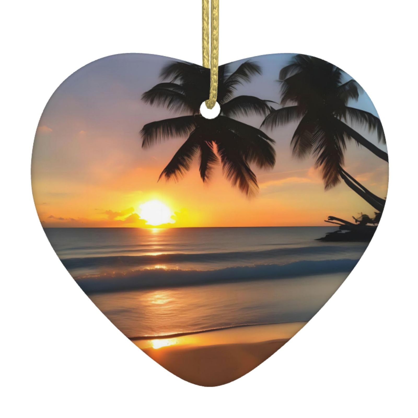 Sunset Beach Ceramic Christmas Heart Pendant with Silk Thread, Christmas Tree Home Decoration