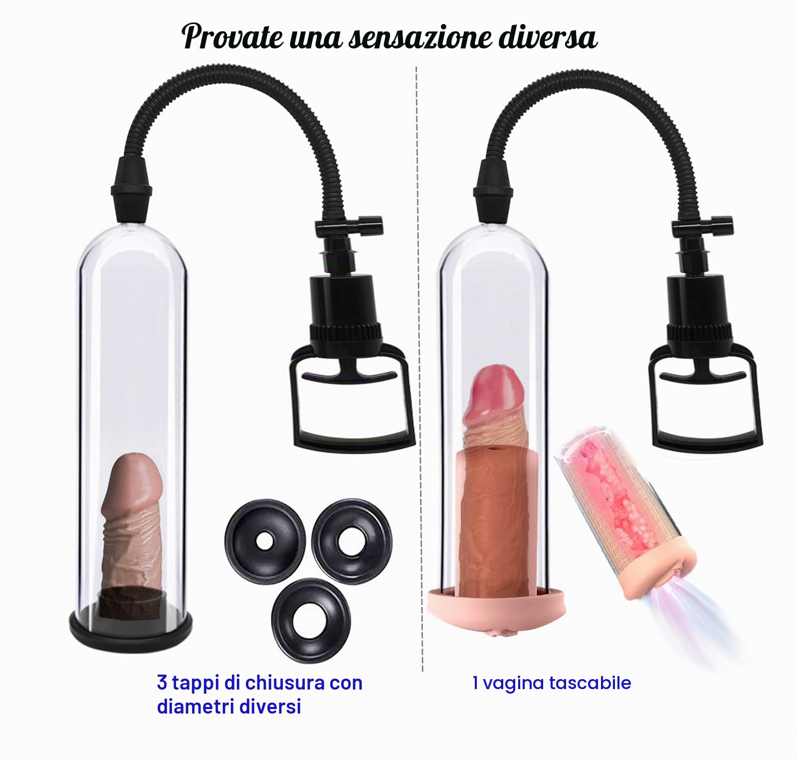 Solo per adulti, Pompa per pene, pompa per l'ingrandimento del pene, per l'erezione, super aspirazione, giocattolo sessuale per uomini con 3 cavità e 1 masturbatore a forma di vagina