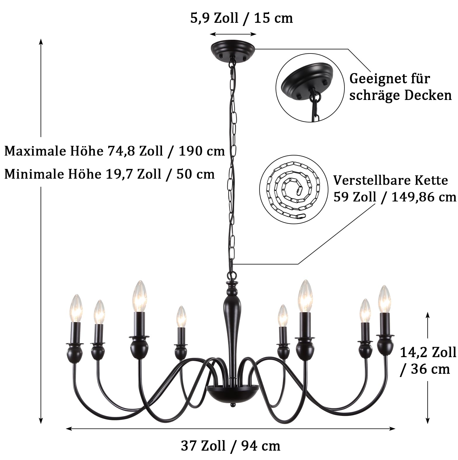 Kronleuchter Schwarz 8 Flammig Kronleuchter Vintage, Klassische Kerze Pendelleuchte Esstisch, Deckenlampe Wohnzimmer Hängend mit E14 Fassung, Hängelampe für Wohnzimmer Schlafzimmer Küche Flur