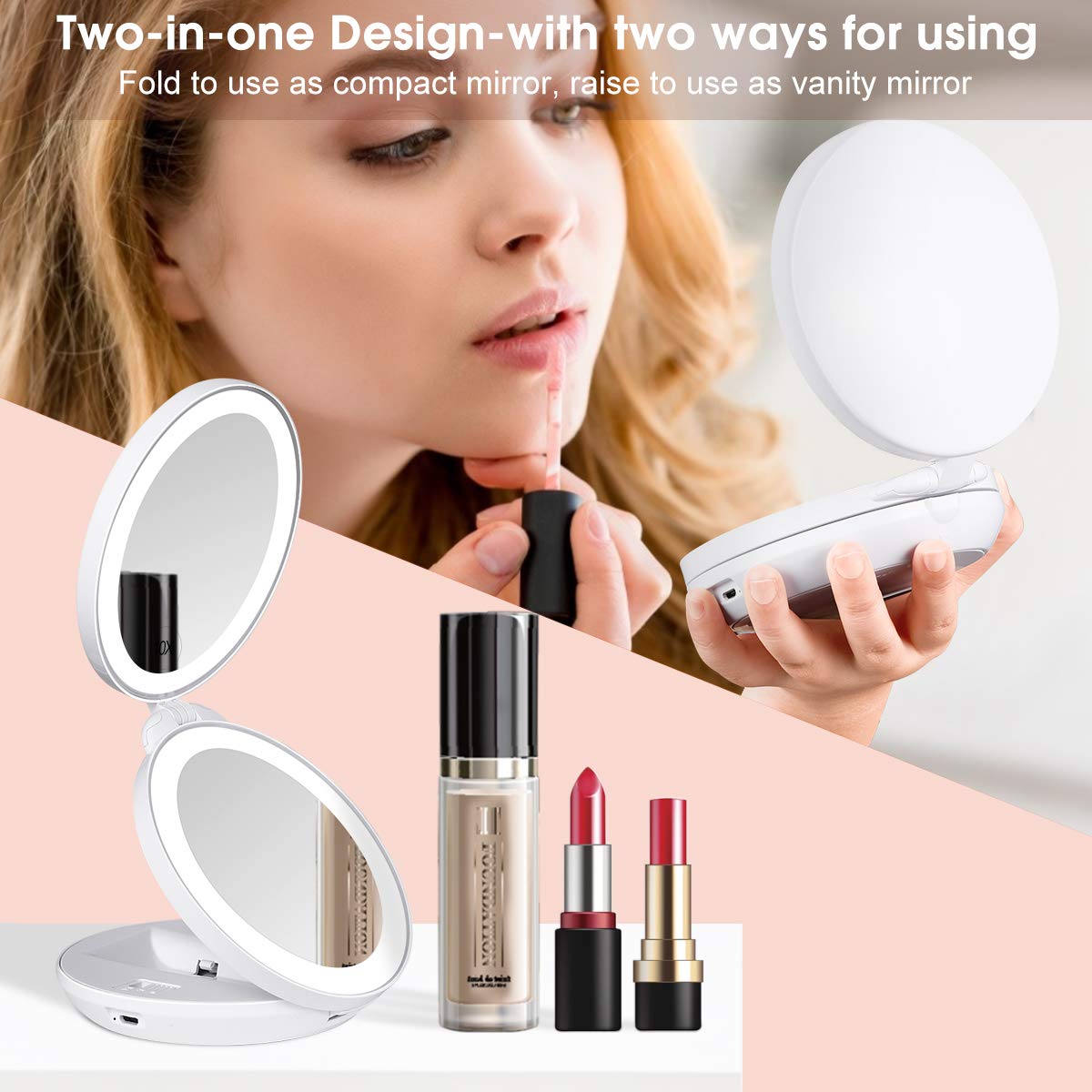 KEDSUM Upgraded Rechargeable LED Lighted Travel Magnifying Mirror, 1X/10X Magnification Compact