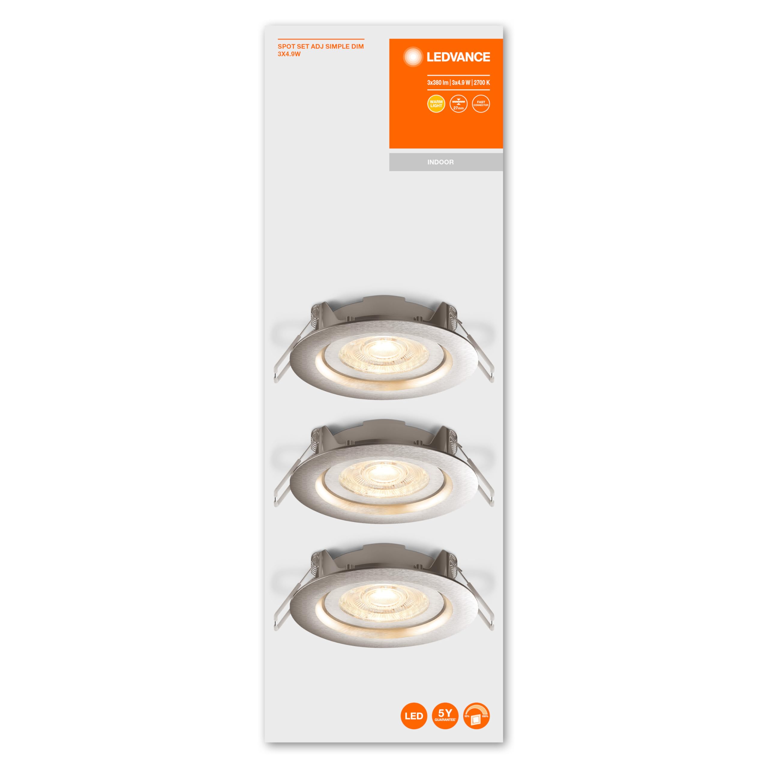 LEDVANCE Foco empotrable LED, luminaria para interiores, blanco cálido, regulable sin escalonamiento mediante interruptor de pared, gris, juego de puntos ADJ Simpe DIM