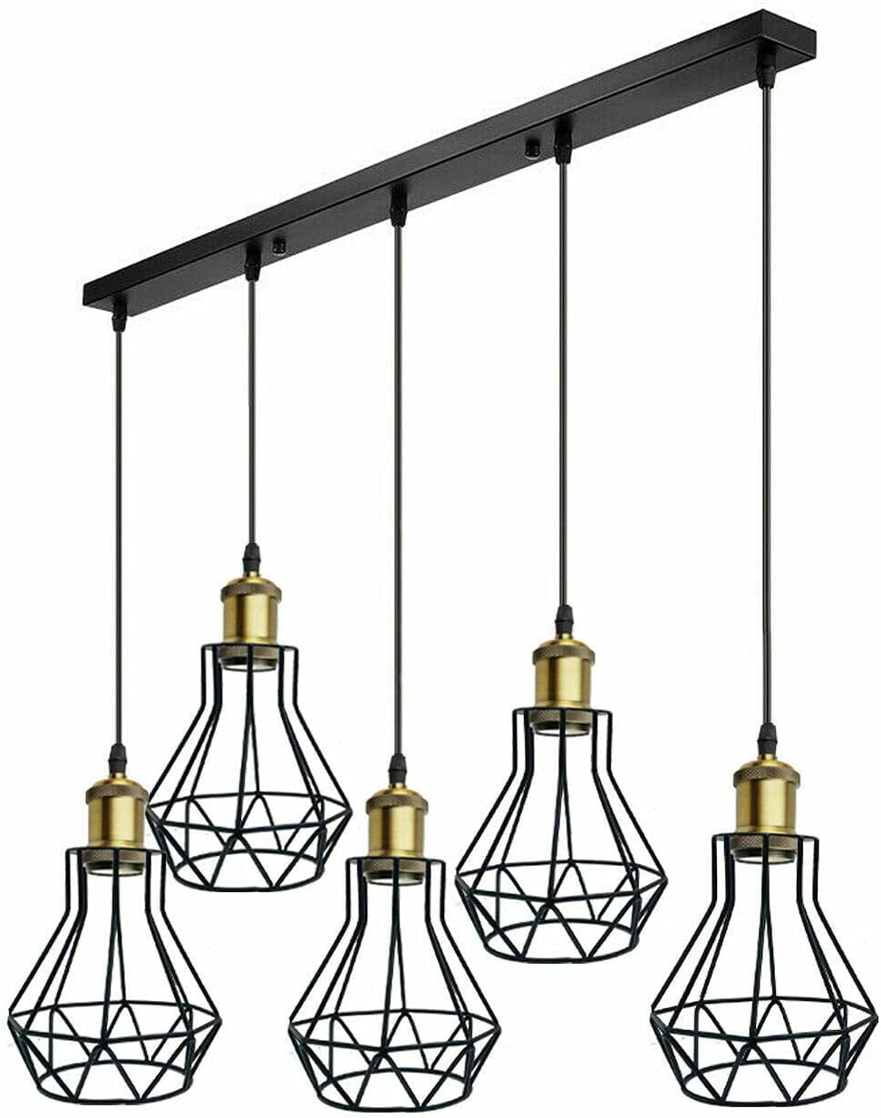 LEDSone 5 Head Industrial Drop Ceiling Pendant Lights 14cm Black Wire Lampshade Diamond Cage Design E27 1m Adjustable Hanging Fixer for Dining Room Living Room Kitchen Loft — image 1