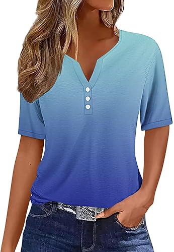 Summer Tops for Women 2026 Trendy Vacation Short Sleeve Button V Neck T Shirt Boho Casual Fashion Sp