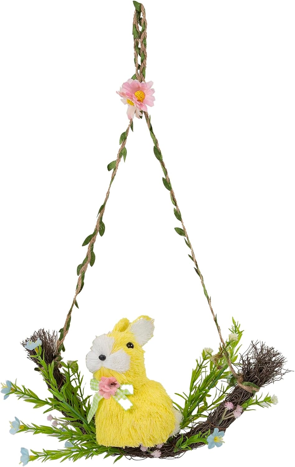 Cartanfill-Easter Bunny Basket Decoration with Flowers, Woven Jute Basket with Handle, Spring Decor with Pastel Eggs (D)