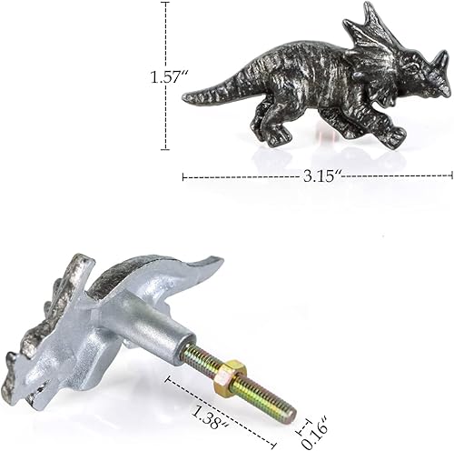 Miniatura 4 de SOFFEE DESIGN Juego de 2 pomos vintage Triceratops para gabinete, para cajón, tema de la era de los dinosaurios, tratamiento envejecido, pomos de
