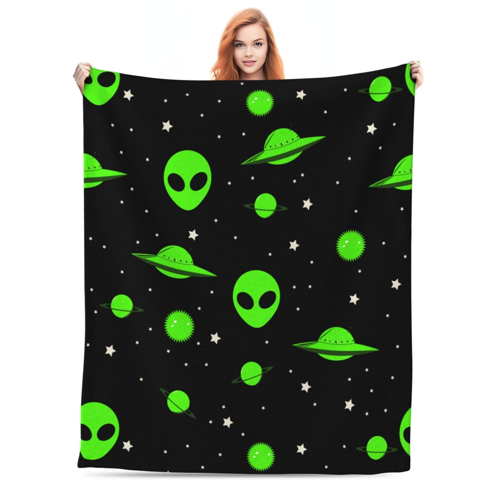 Green Alien Universe Wondrous Cosmos Planet and Stars Throw Blanket Gifts Soft Warm Fleece Blankets for Bed Chair Car Sofa Couch Bedroom 50 X40 Inch