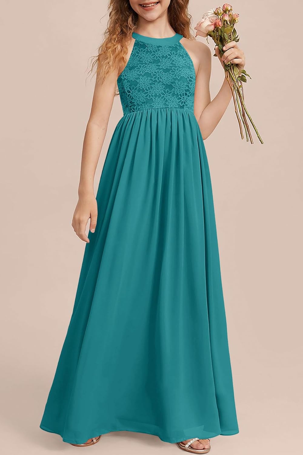 HOSIKA Girls Halter Neck Sleeveless Elegant Lace Chiffon A-line Long Flower Girl Dress for Wedding Party 6-12 Y - Image 5