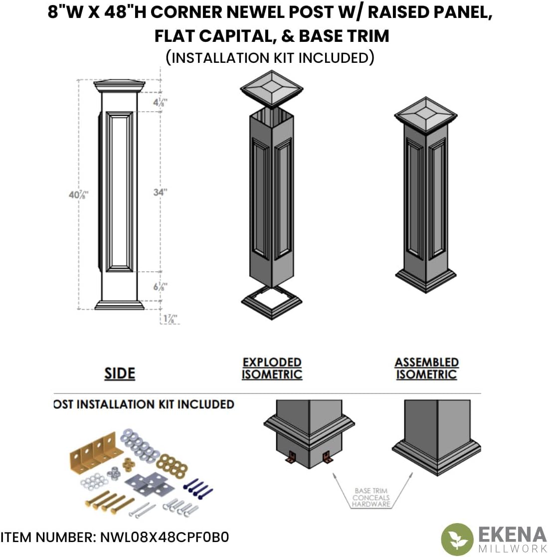 Ekena Millwork NWL08X48CPF0B0 Newel Posts, White