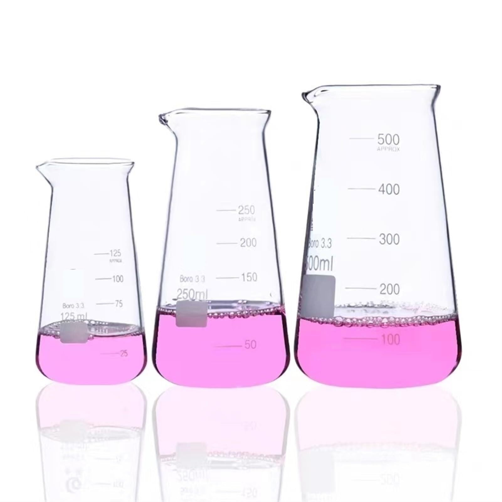 Borosilikat-Messkolben, 125 250 500 ml konischer dreieckiger Glasbecher mit Waage(1 Set for All 3pcs)