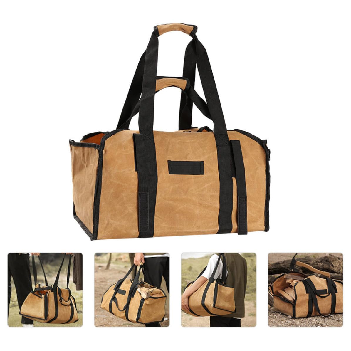Borsa per Legna in Canvas Manici Doppi, Pratico Contenitore per Legna da Ardere, Borsa Portabile per Campeggio in Stile Semplice
