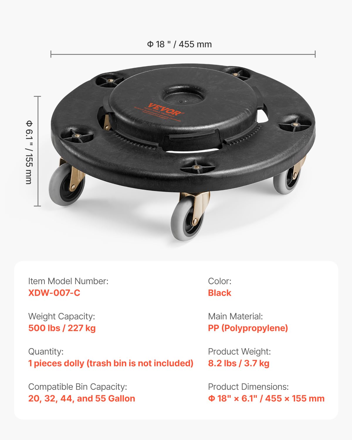 VEVOR Carrito de Bote de Basura, Base Redonda con Ruedas para Basura con 4 Ruedas Bloqueables, Capacidad de Peso de 227 kg, Carro para Barril Resistente, Carrito Rodante Multifuncional, Negro