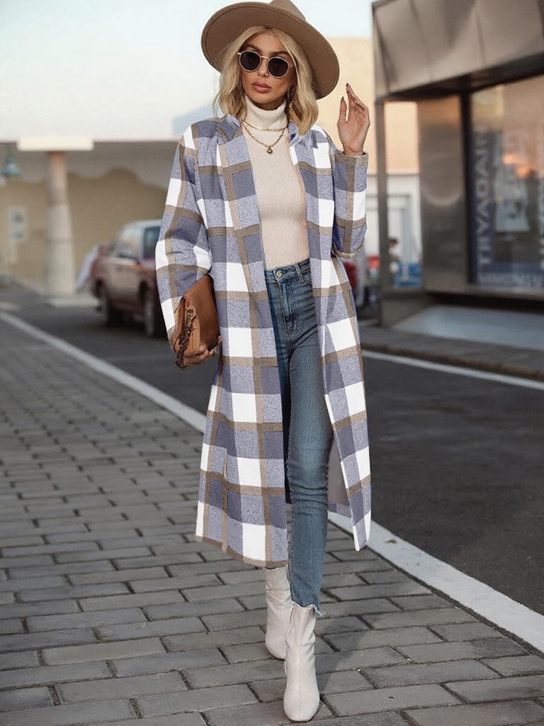 Women's Plaid Wool Coat Shacket Jacket Casual Long Sleeve Laple Button Down Flannel Trench Coats - Image 4