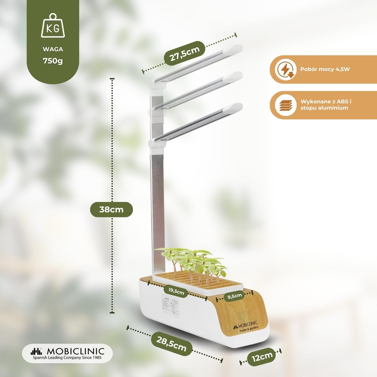 Mobiclinic®, Hydroponiczny system uprawy, Mini-grow, Światł do regulowana wysokość i kąt, Timer wody przypomnienie, Zestaw kiełkowania roślin, Automatyczna dioda led, 4, 5 w