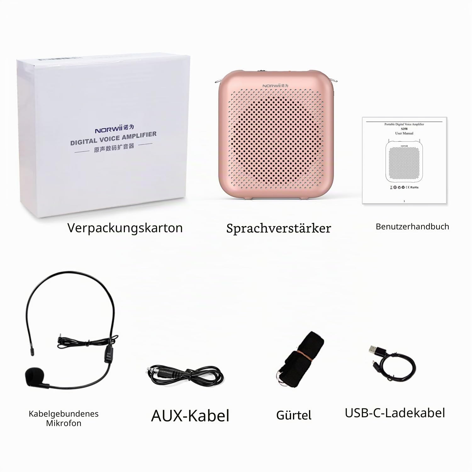 Norwii Sprachverstärker, PA-Endstufen, Tragbares Mini-Kabelmikrofon-Headset für Lehrer im Klassenzimmer und bei Vorlesungen im Freien, Unterricht, Reiseleiter, USB-C-aufladbar