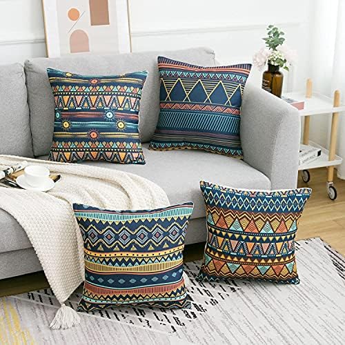 Boho Cushion Covers 18 X 18 Mandala Cushions Cover Decorative Throw Pillow Covers Outdoor Sofa Cushion Covers Square Linen Pillowcases For Sofa Bedroom Garden Balcony Bohemian Decor, 4 Pack