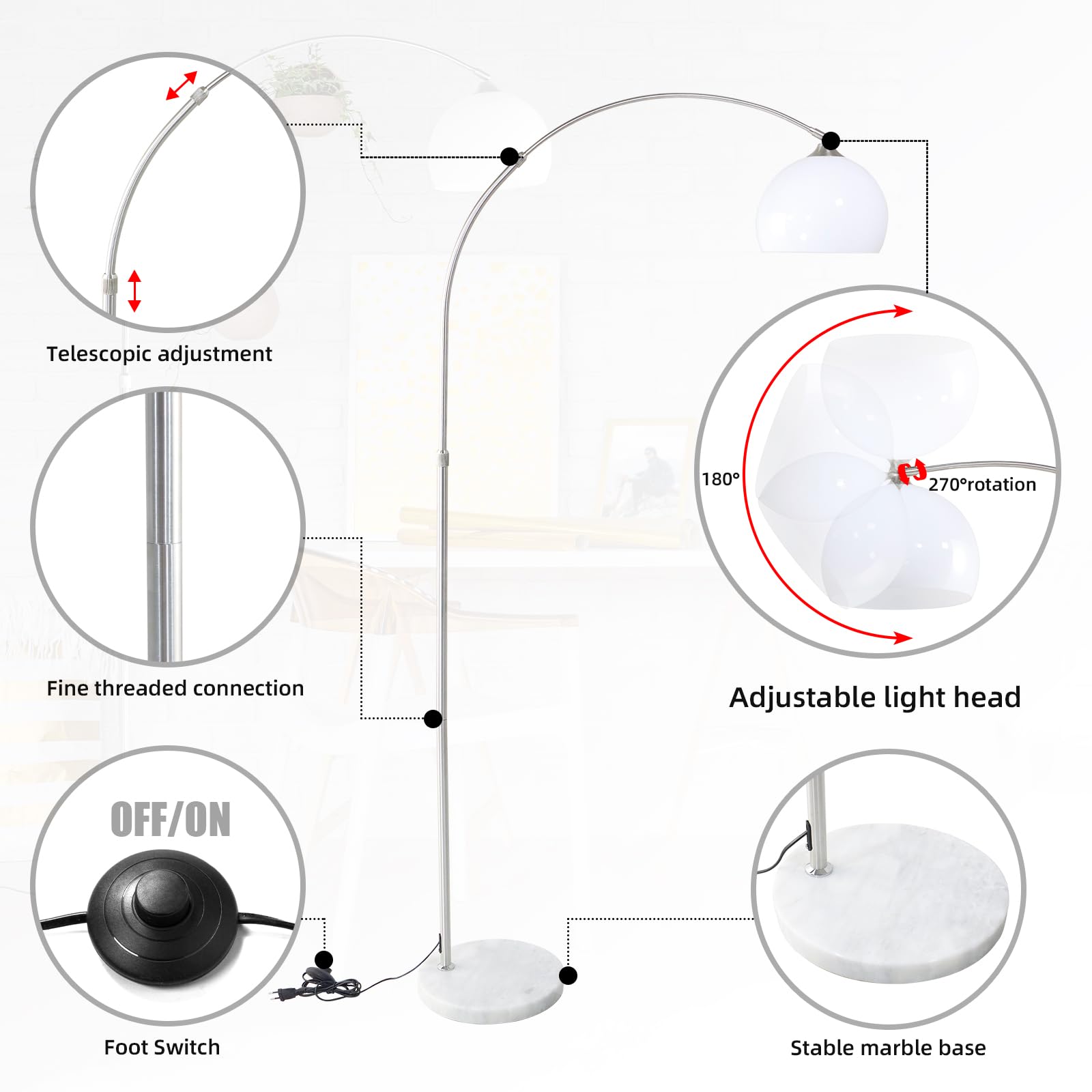 Lampada Da Terra Ad Arco Regolabile Con Base In Marmo - Elegante E Moderna Per Soggiorno - Foto 10
