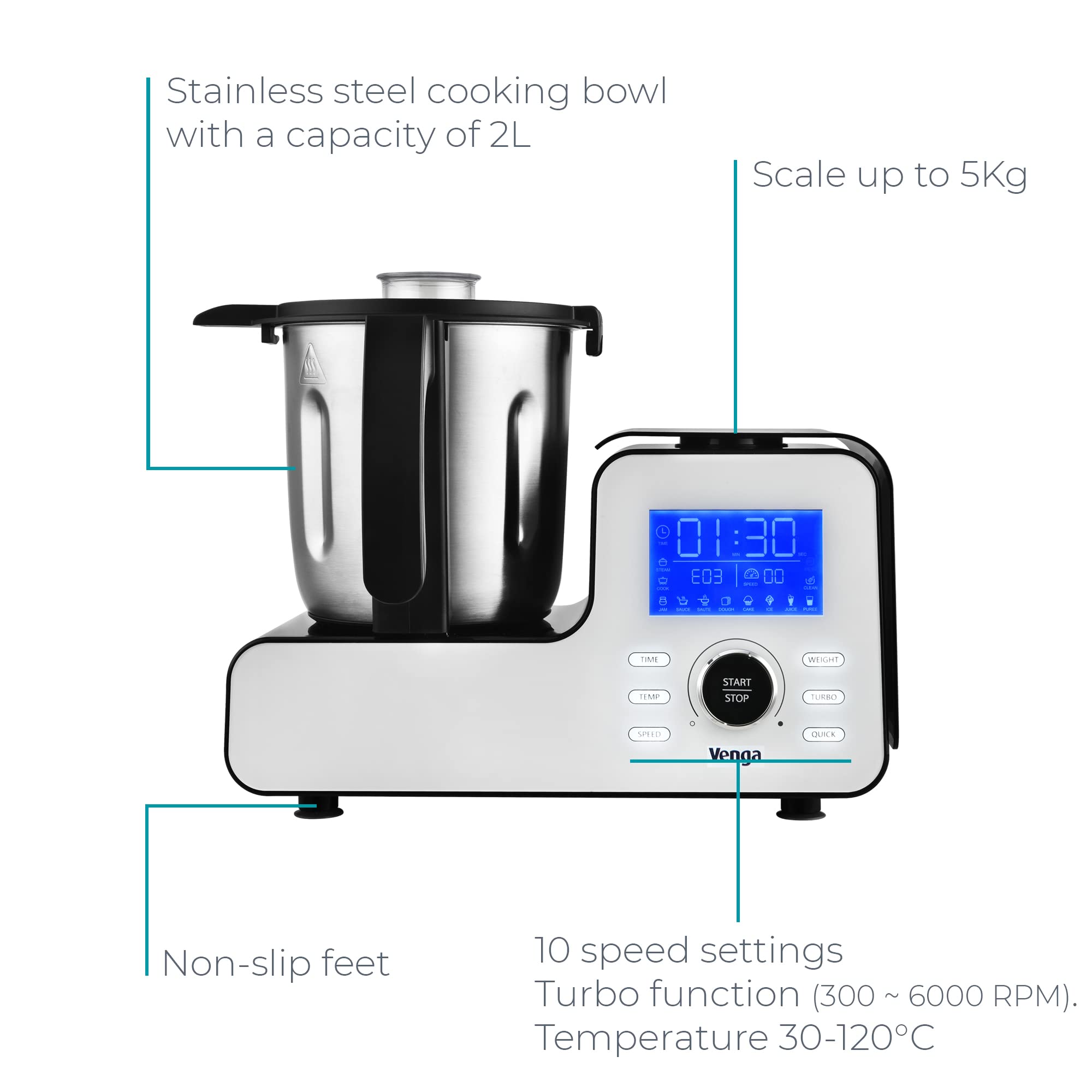 Venga! Robot da Cucina Multifunzione, Formato Compatto, 10 Programmi, con Bilancia e Ricettario, 1500 W, Bianco/Nero, VG HA 3000