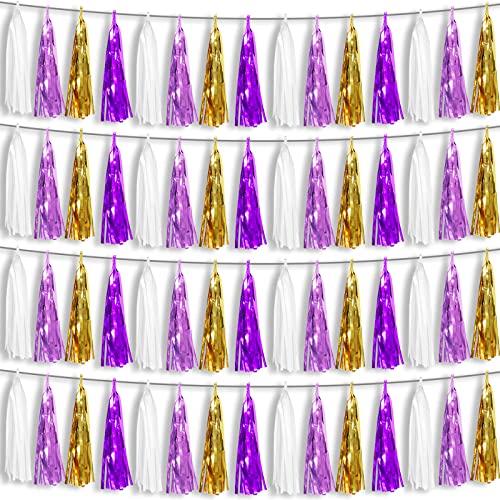 Image of 4P Purple-Gold Foil Fringe Metallic Tassel Garland, Tassels Banner Streamers for Parade Floats, Bachelorette, Wedding, Birthday, Halloween, Christmas, Bridal /Baby Shower Party Decorations