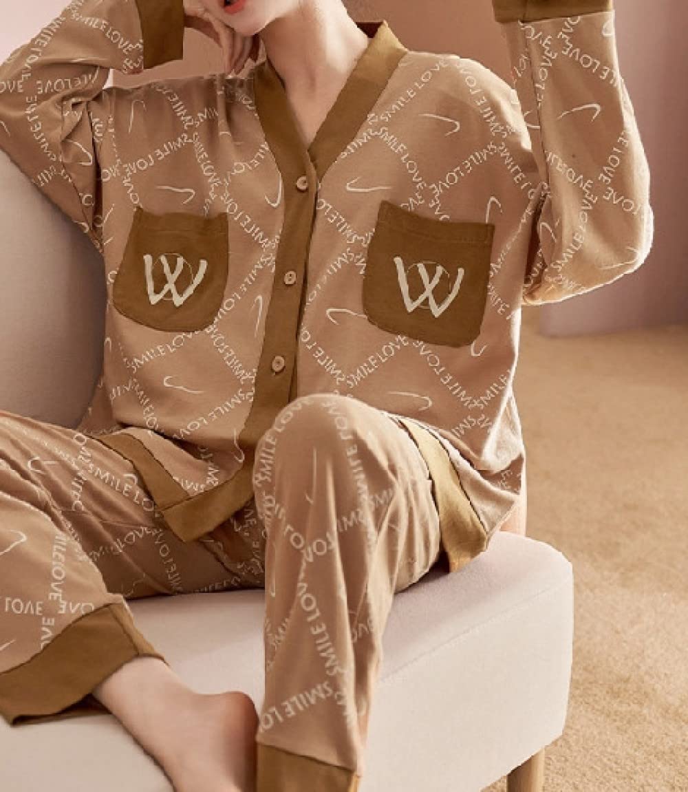 Ensembles De Pyjama Femme,Ensemble De Pyjama en Polyester pour Femmes À Col en V Imprimé Lettre Marron Pyjama À Manches Longues Simple Et Régulier pour Femmes Ensemble De Deux Pièces Cadeau De