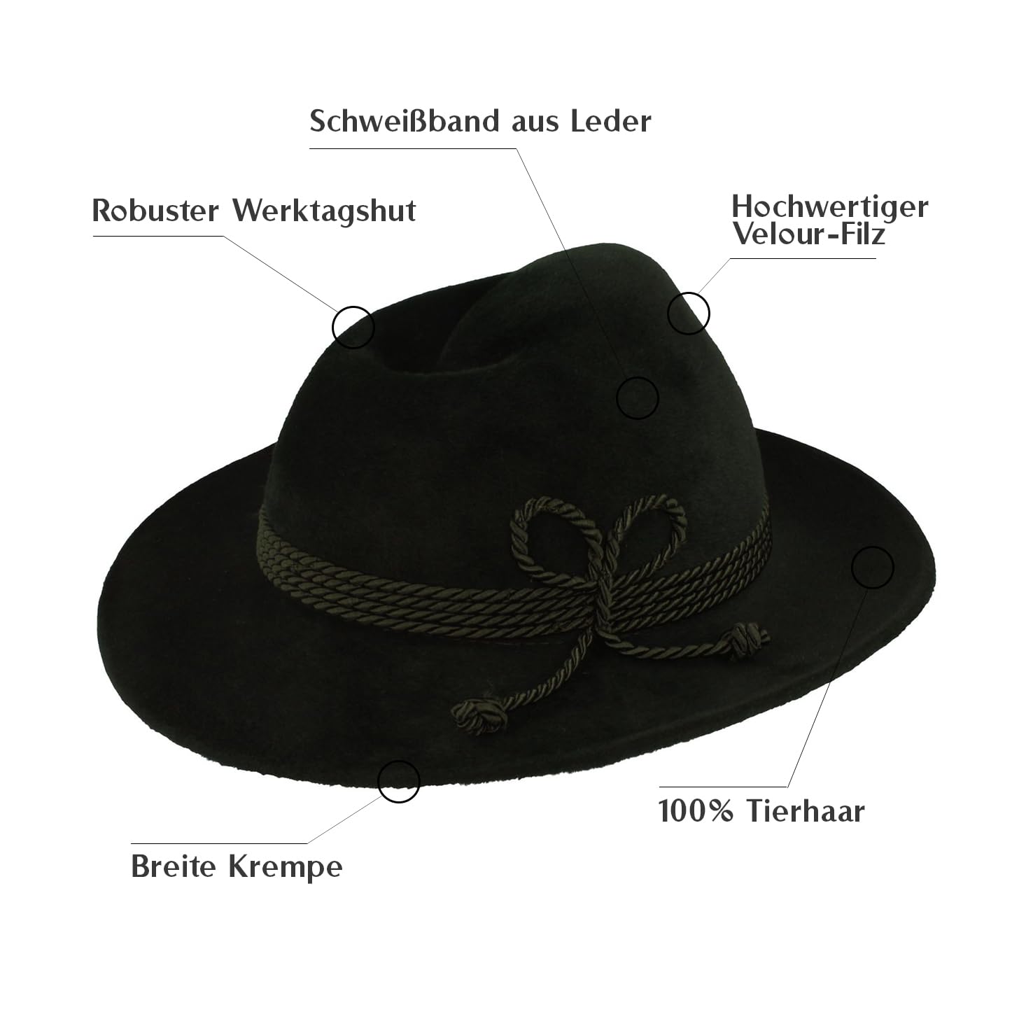 Breiter Herren Velour Trachten-Hut Filz-Hut Herren-Hut – Werdenfelser – Handgemacht aus 100% Haarfilz mit passender Kordel-Garnitur & Echtleder Schweißband - Grün 63, Krempe 7,5 cm