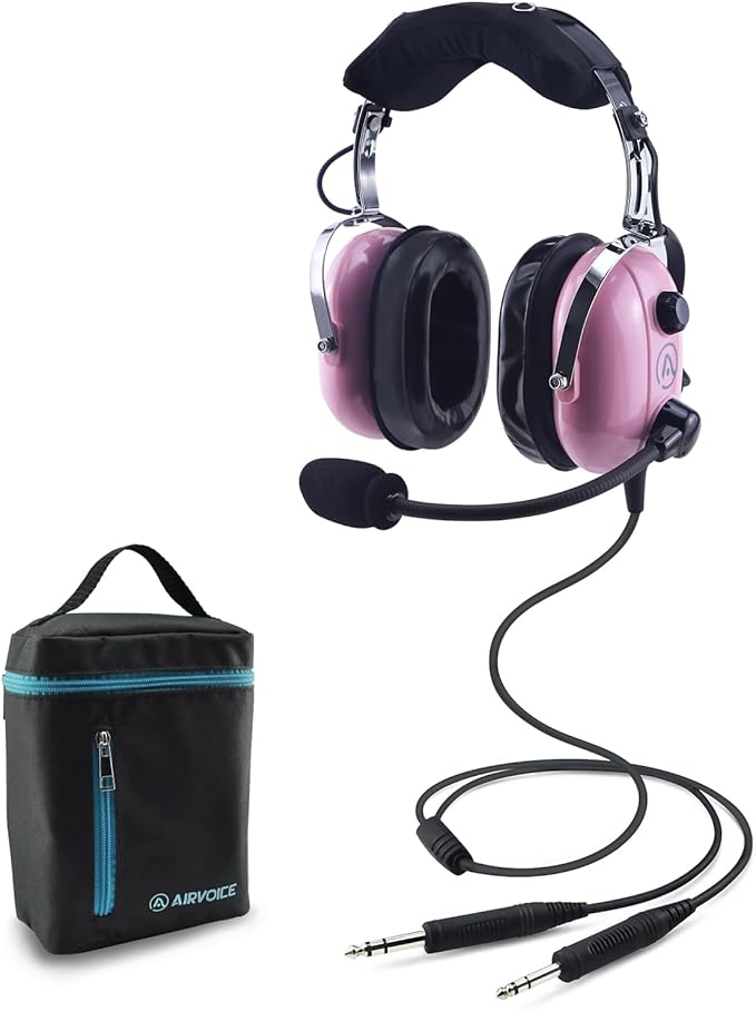 AIRVOICE Aviation Headset for Pilots with Mono Sound and Passive Noise Cancellation, PNR Aviation Headset with Noise Canceling Microphone, for Flight School Student, Instructor, Pink