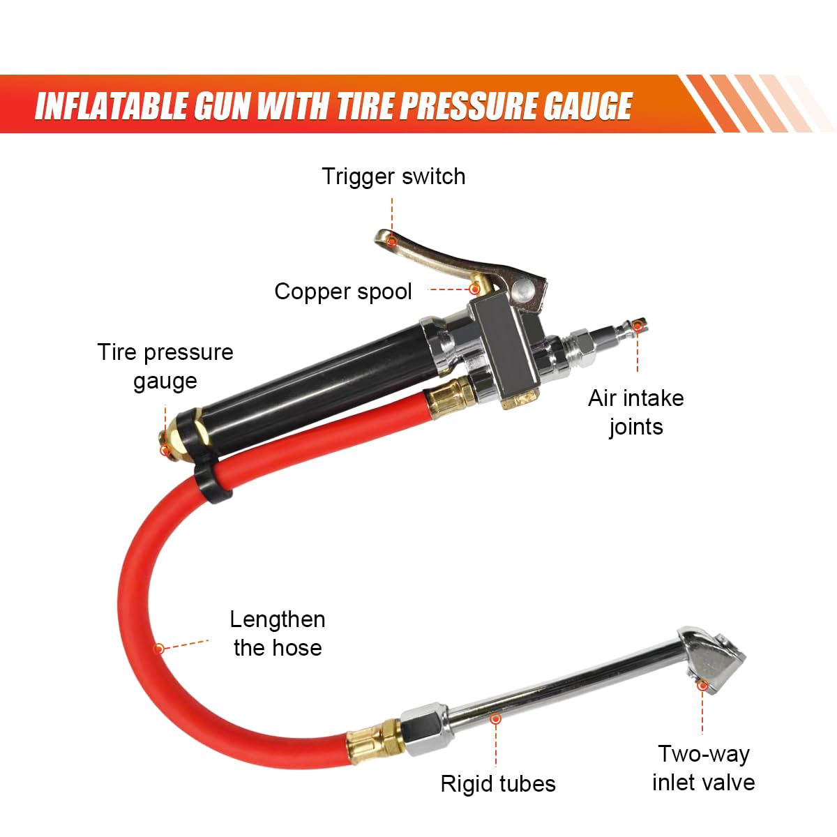 10-120 PSI Heavy Duty Gonfiatore per pneumatici con manometro, include mandrino ad aria a doppia testa, strumento a 4 vie, nucleo valvola, tappi valvola stelo, attacchi compressore d'aria per