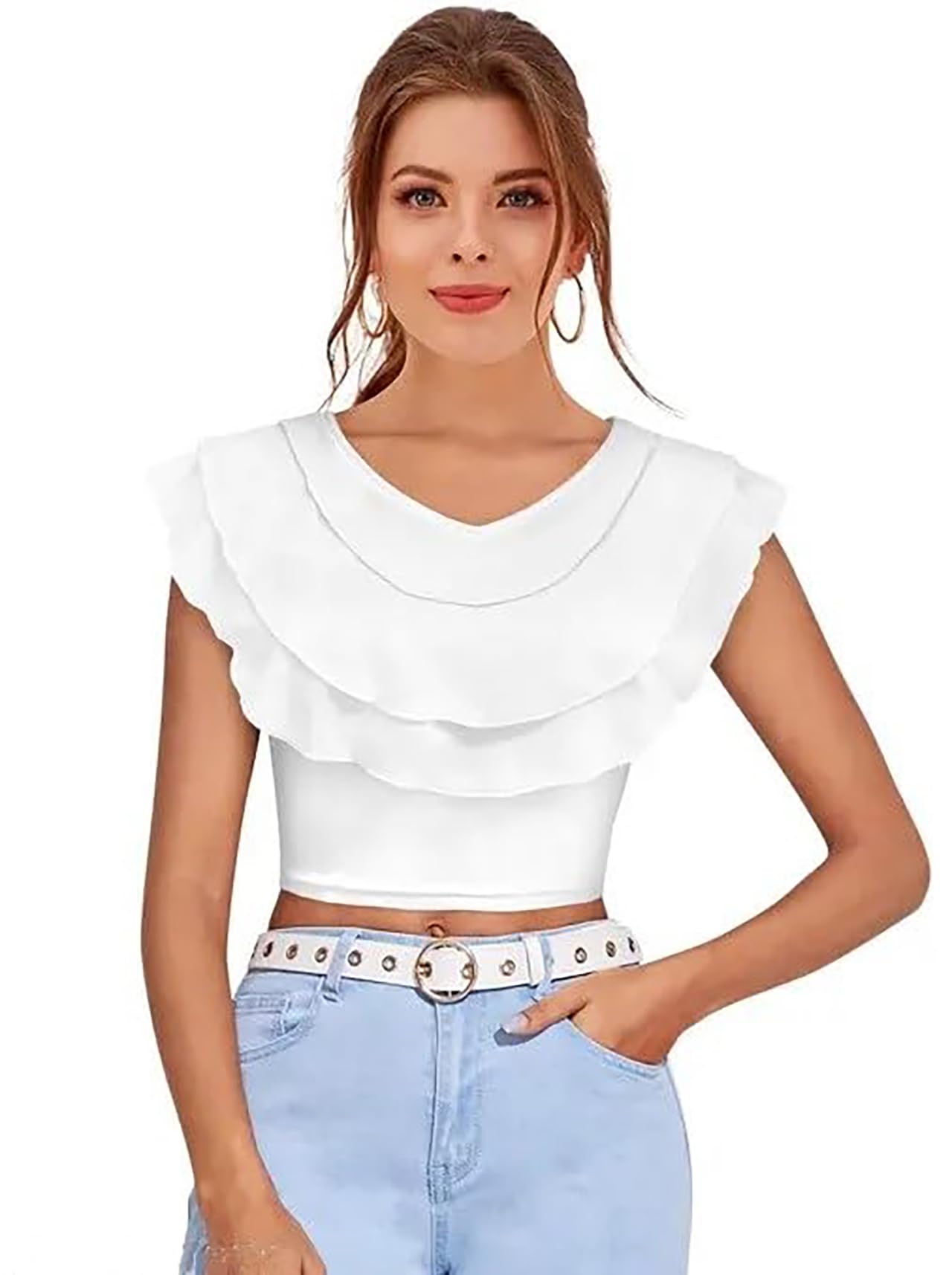Women's Casual V Neck Stretchable Crop Top || Layered Sleeves and Neck-image-5