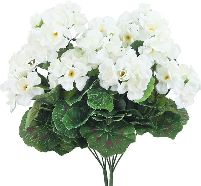 CISDUEO 2 Pcs Artificial Geraniums for Outdoor Silk Flowers White Artificial