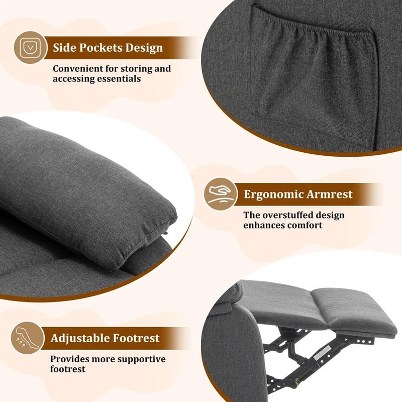 Image of Recliner Chair,Manual Recliner, 360 Swivel Recliners for Small Spaces,Rocker Recliner with Side Pockets Chairs for Living Room, Bedroom, Nursery, Dark Grey