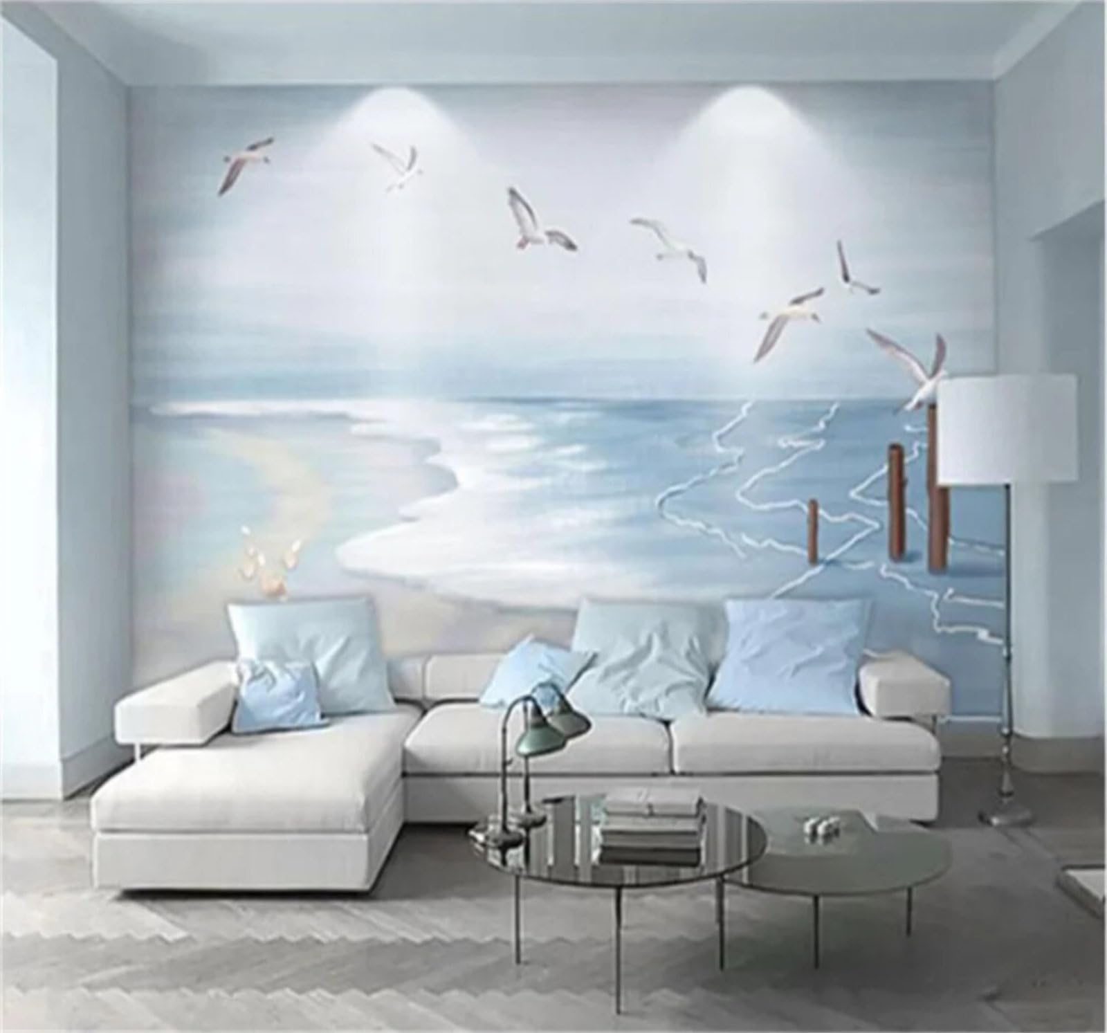 Tzxztt 300Cm×210Cm(B×H) Minimalist Fresh Seagulls Coast Landscape Modern 3D Wallpaper Premium Textured Silk Neutral Tones Material Ideal For Living Room Bedroom-300Cm×210Cm