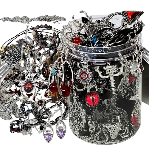 Scary Witch Mystery Jewelry Jar - 30-Piece Gothic Surprise Women's Jewelry Box with Necklace, Earrings, Rings and Bracelets - Unique Halloween Mystery Vampire Skeleton Costume Gift
