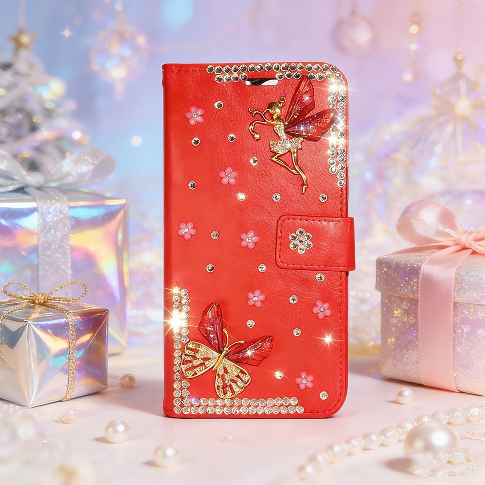 Glitter Wallet Case for Samsung Galaxy S26 - Girls Women 3D Luxury Leather Cover with Screen Protector, Phone Lanyard - Red Wallet With Butterfly & Snowflake