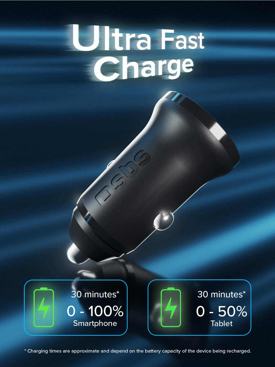 SBS Mini Ładowarka Samochodowa, Zasilanie 25 W, Szybkie Ładowanie, Adaptacyjne AFC, Dioda LED Stanu, USB-C, USB-A, Gniazdo 12 V, dla iPhone'a, iPada, AirPods, Samsunga, Smartfona, Tabletu, Czarna