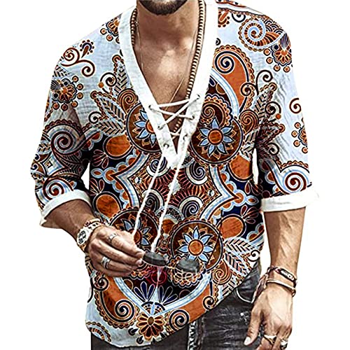 Burband Mens Paisley Boho Button Down Long Sleeve Hawaiian Tops Hippie African Dashiki Camp Fishing Cotton Linen Shirts Beige, By-20210608, X-Large