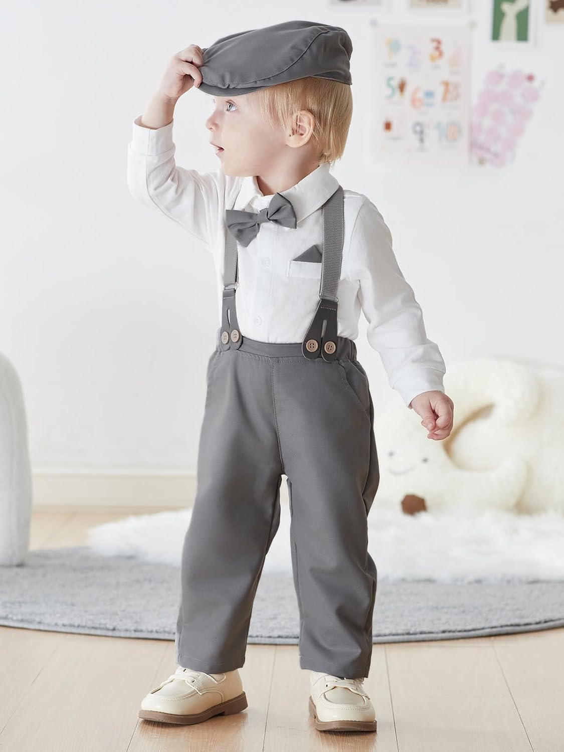 SALNIER Baby Boy Dress Suit Clothes Sets Infant Tuxedo Gentleman Suits Outfits Bowtie Shirt Suspenders Pants Beret Hat - Image 4