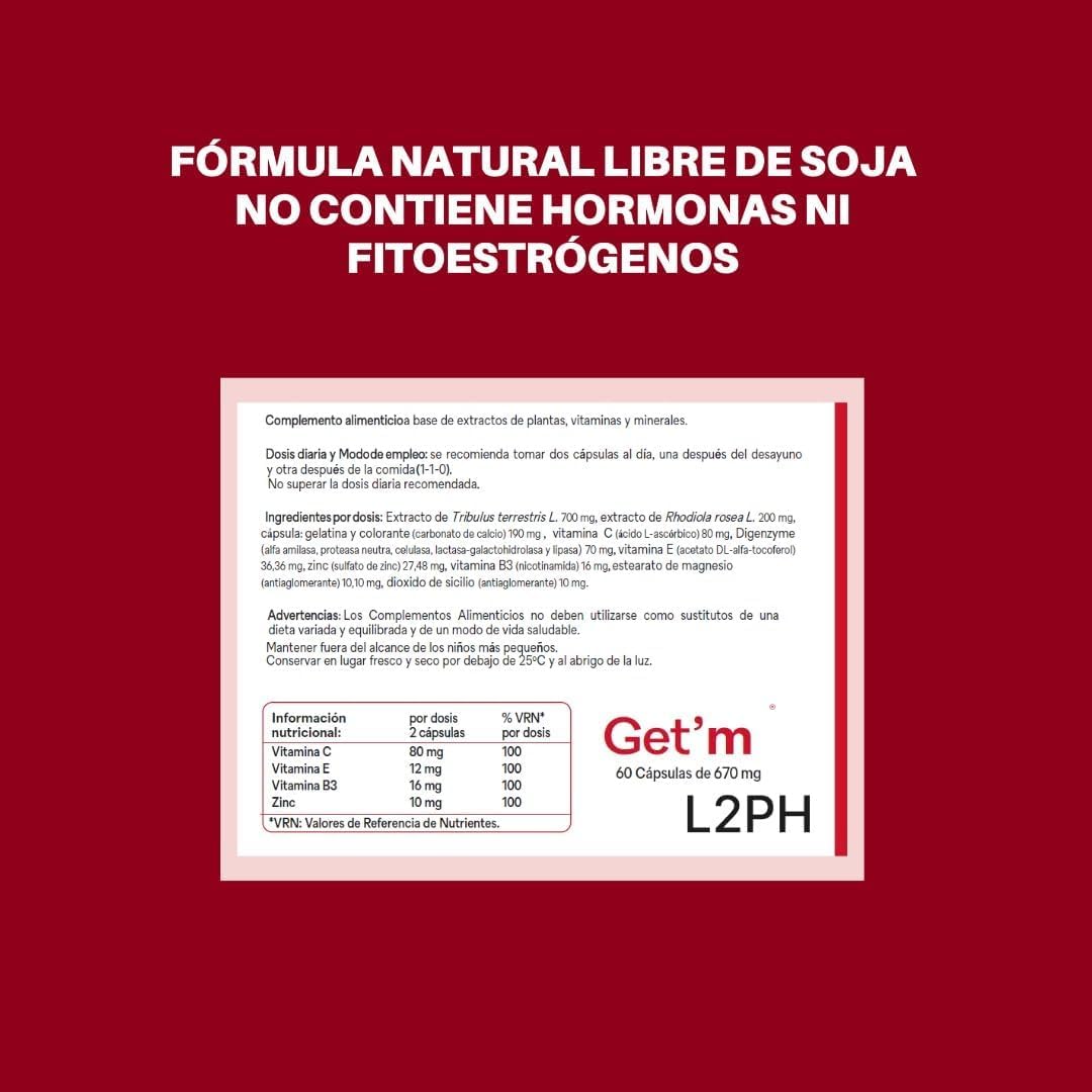 GET'EM – Complemento Alimenticio para los efectos de la Menopausia y Andropenia y Equilibrar el Bienestar Físico y Emocional. (60 Cápsulas). Tribulus terrestris, Rhodiola rosea, Vitaminas, Minerales