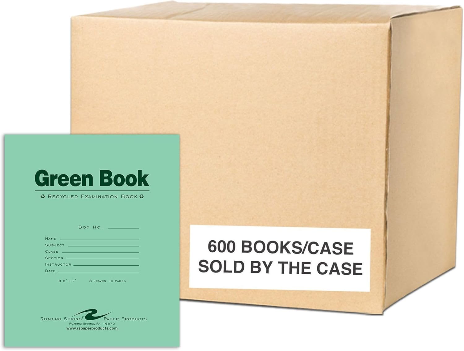 ROARING SPRING Recycled Green Exam Books, 600 School Examination Booklets, 8.5" x 7", 8 Sheets/16 Pages, Wide-Ruled with Margin Student Testbook, Made in USA