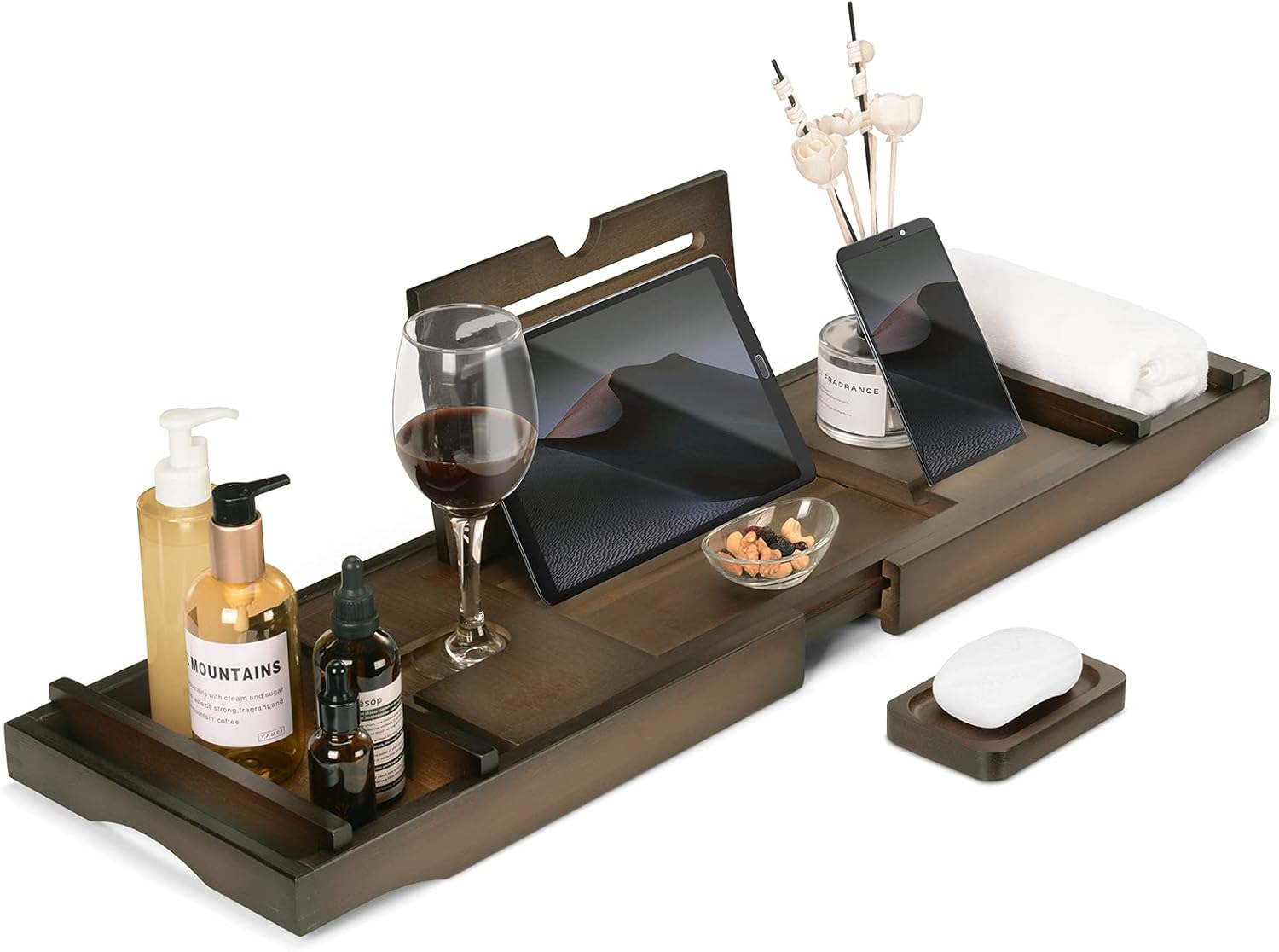 Luxury Bamboo Bathtub Tray Caddy Expandable Bath Tray Shelf across