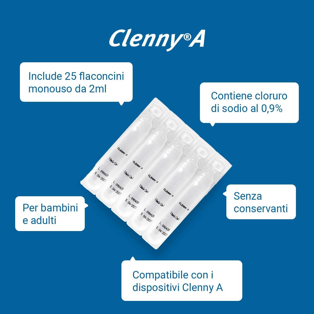 Clenny A Soluzione Fisiologica Sterile - Predosata per la Diluizione di Farmaci per Aerosolterapia- Per Adulti e Bambini - Compatibile con Tutti i Dispositivi Clenny A - 25 Flaconcini Monouso da 2ml