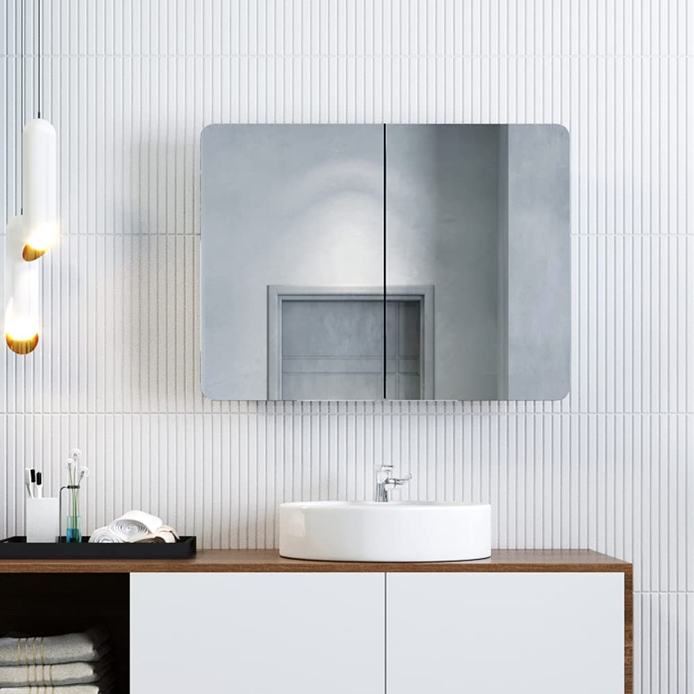 ELEGANT Double Door Bathroom Mirror Cabinet Wall Mounted Stainless Steel Bathroom Cabinets with Mirror and Adjustable Shelves 800 x 600 mm