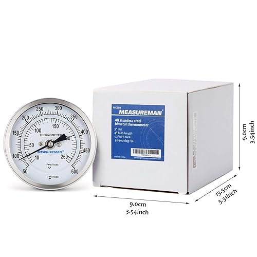 Miniatura 7 de Measureman Termómetro bimetálico de acero totalmente inoxidable, esfera de 3", vástago de 4", 50-500 grados F10-260 grados C, -1% de precisión,