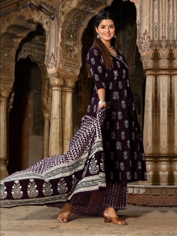 Image of Pinkmint Women's Cotton Blend Indigo Printed Printed Kurta with Pant & Dupatta