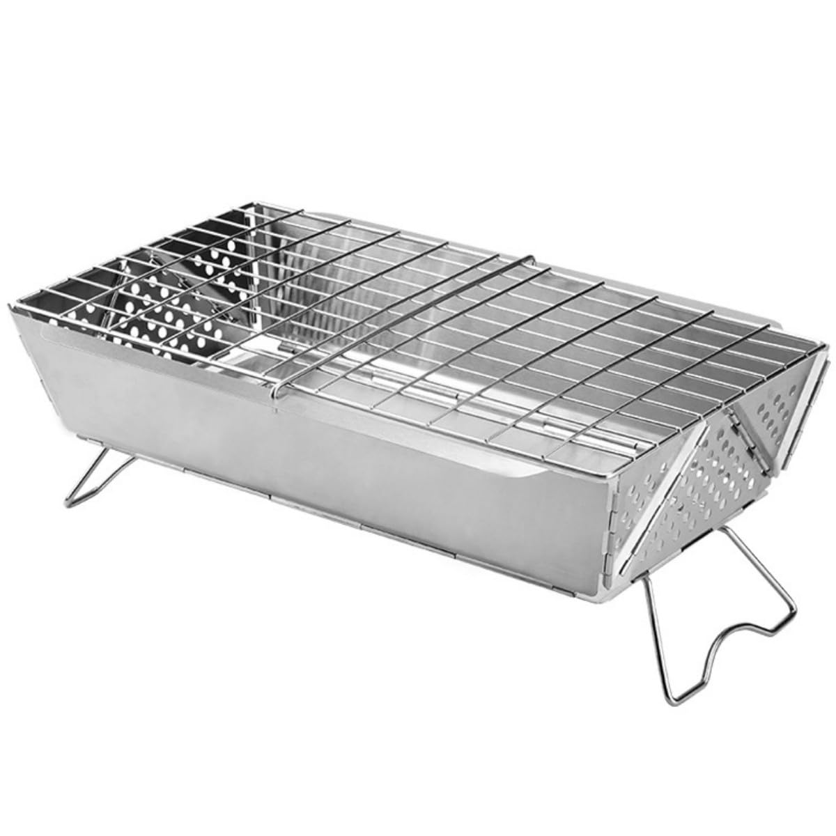 Przenośny grill węglowy ze stali nierdzewnej na kemping, plażę, do ogrodu lub ogniska, składany, kompaktowy, srebrny, 38 x 18,5 x 14 cm