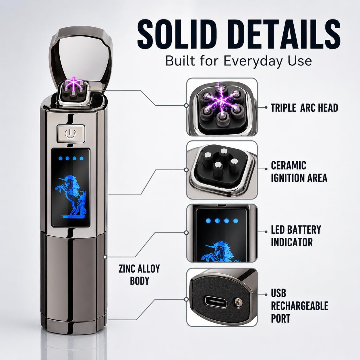 Anglink Triple Arc Plasma Lighter, Windproof Electric Lighter USB Rechargeable with LED Battery Indicator, Zinc Alloy Flameless for Camping, Hiking, Outdoor Use, Gift for Men, Silver Grey