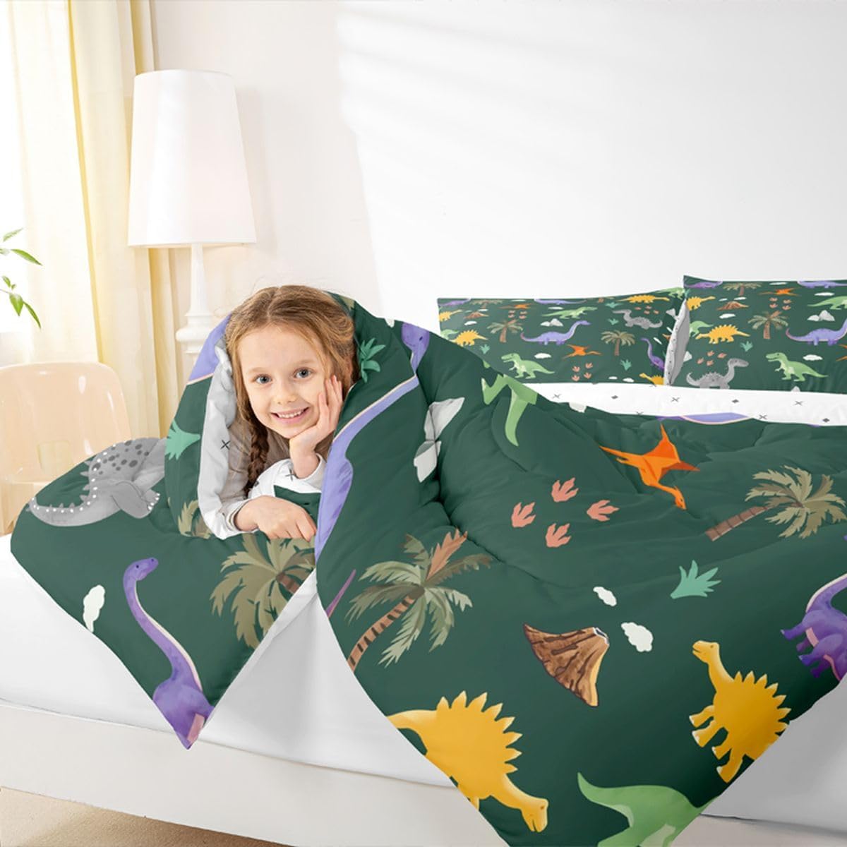 Feelyou Cartoon Dinosaur Kids Comforter Set Twin Size Jungle Dino Bedding Set 3D Dino Print Duvet Quilt for Kids Boys Girls Bedroom Decor Microfiber Ultra Soft Breathable