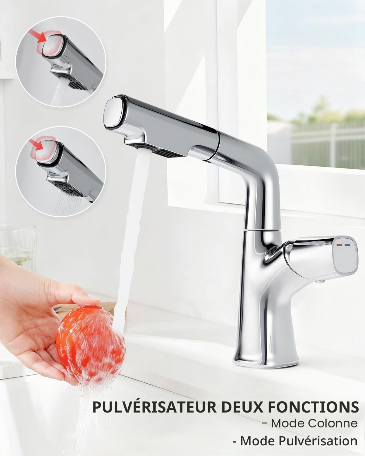 Mitigeur Lavabo avec Douchette Extractible 2 Modes, Robinet Pivotant 360°
