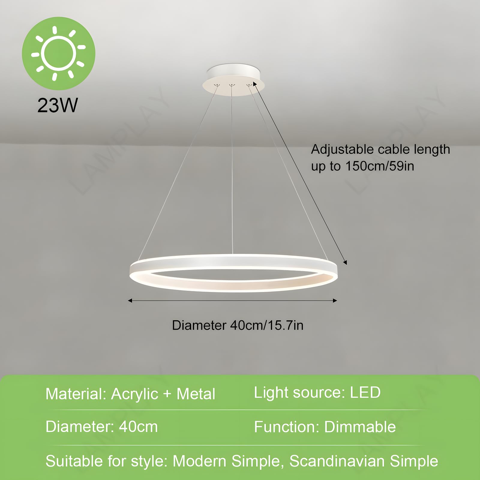 Runde Moderne LED-Pendelleuchte, 1 Weiß Ring-Kronleuchter, Dimmbar Mit Fernbedienung 3000K-6000K Deckenleuchte, Höhenverstellbar, Foyer, Wohnzimmer, Schlafzimmer, Esszimmer(Ø40cm)