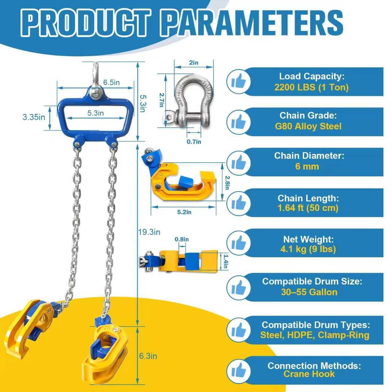 Chain Drum Lifter 2200 lbs Capacity Vertical Drum Barrel Clamp with Self-Locking Hook 1-Ton Lifter for 30-55 Gallon Drums Industrial Lift for Chemical Construction