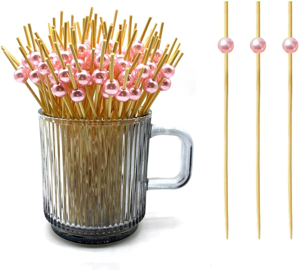 120 pcs 5.9in long Pearl Cocktail Picks,White Ball Food Sticks Charcuterie Boards Accessories,Bamboo Skewers for Appetizers Drinks Fruit.